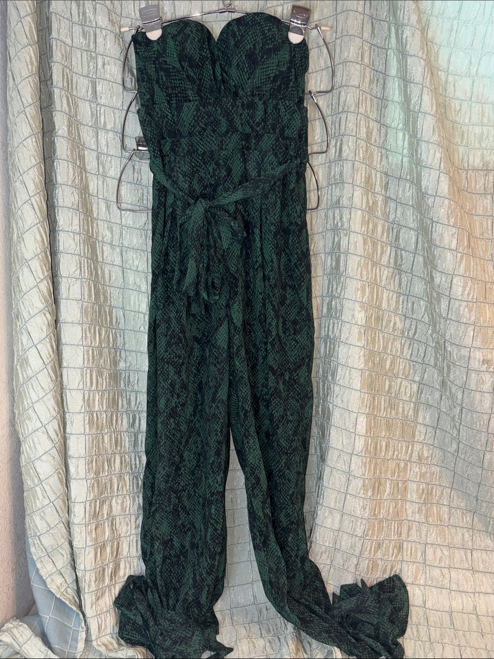 Strapless Dark Green Snake-Print Jumpsuit with Self-Tie Waist